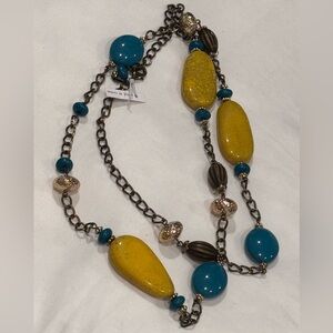 Premier Designs Buenos Aires Antiqued Brass Blue&Yellow Statement Necklace 40in